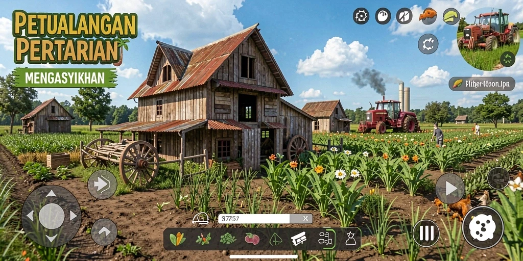 Screenshot gameplay menunjukkan kebun yang subur dan beragam tanaman.