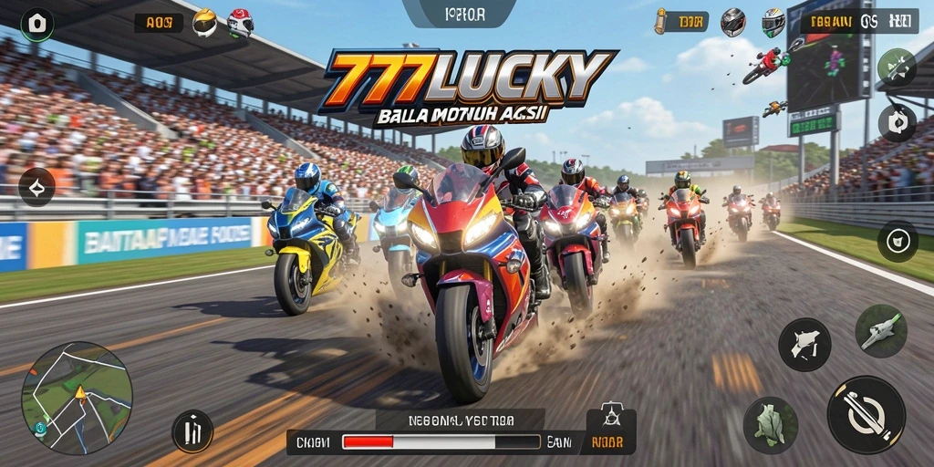 Tampilan seru gameplay 777LUCKY dengan motor balap kencang.