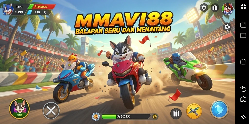 Gameplay seru AMAVI88 dengan mobil balap cepat di trek menantang.