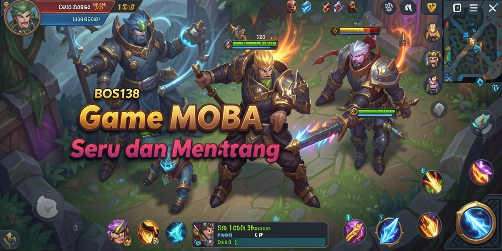 Screenshot gameplay seru BOS138 menampilkan aksi MOBA yang intens.