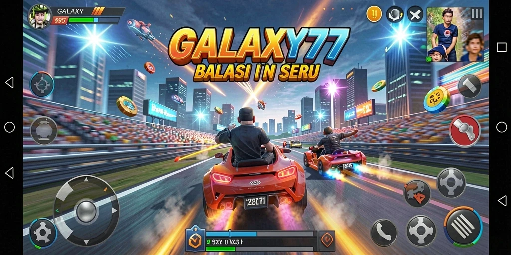 Tampilan utama screenshot GALAXY77 menampilkan balapan seru di luar angkasa.