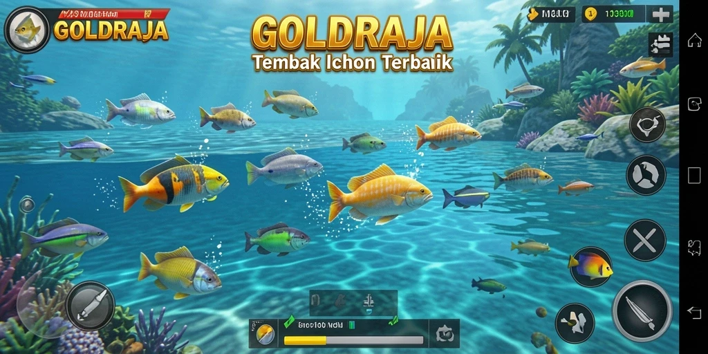 Tampilan gameplay seru dengan aksi menembak ikan.