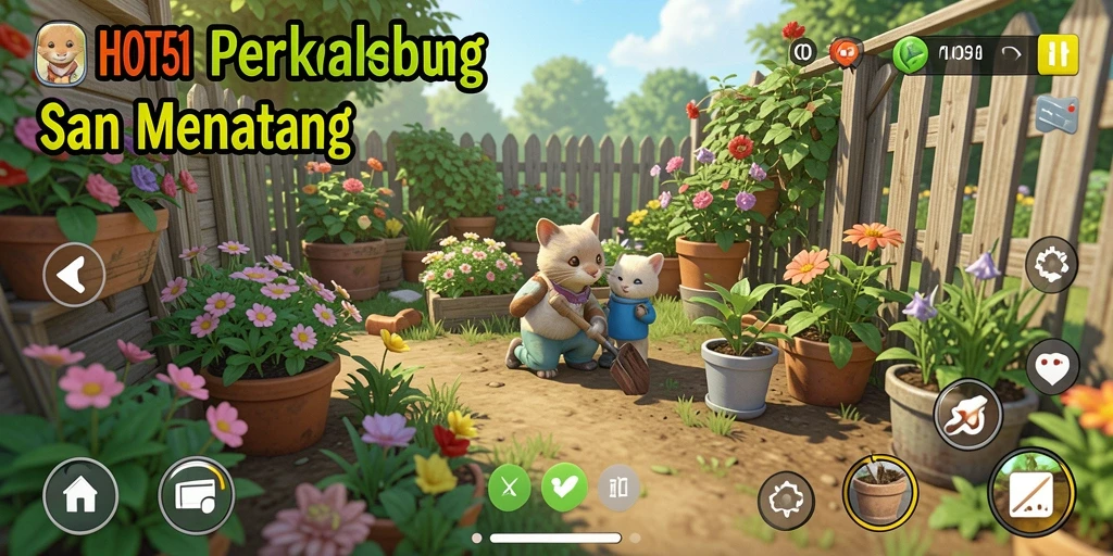 Screenshot gameplay HOT51 menampilkan kebun dengan tanaman subur.