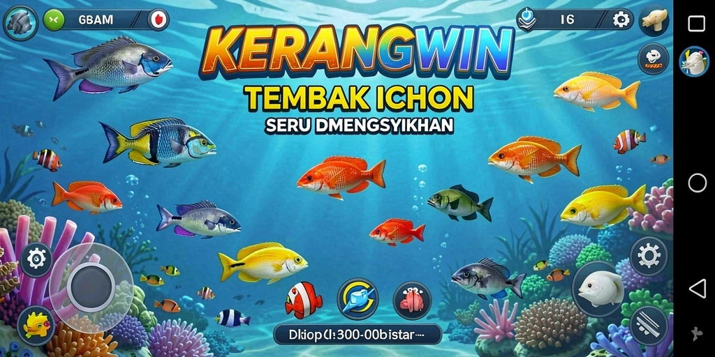 Screenshot gameplay KERANGWIN menampilkan aksi menembak ikan yang seru.