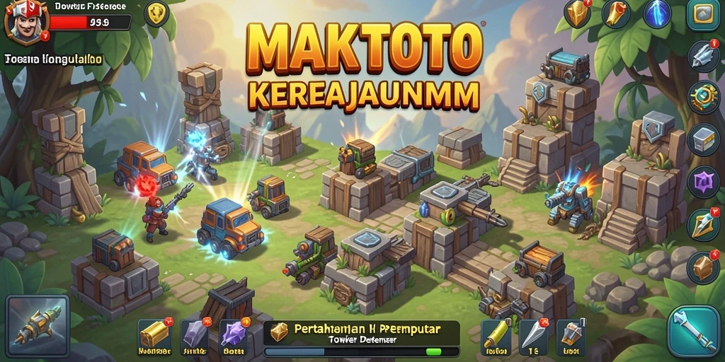 Screenshot gameplay <strong>MAKTOTO</strong> yang menunjukkan menara pertahanan yang aktif.