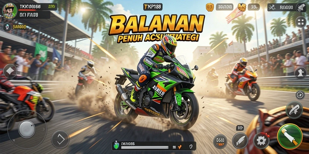 Screenshot utama TKP188 menampilkan aksi balapan motor yang mendebarkan.