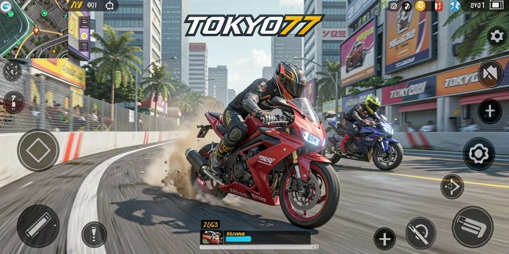 Screenshot menunjukkan aksi balapan mendebarkan di TOKYO77.