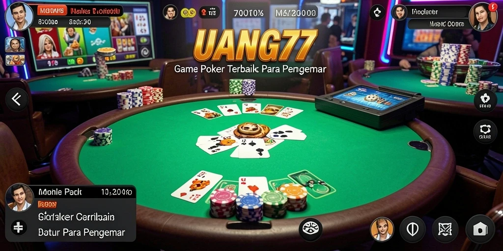 Tampilan gameplay UANG77 dengan berbagai pemain poker berkompetisi.