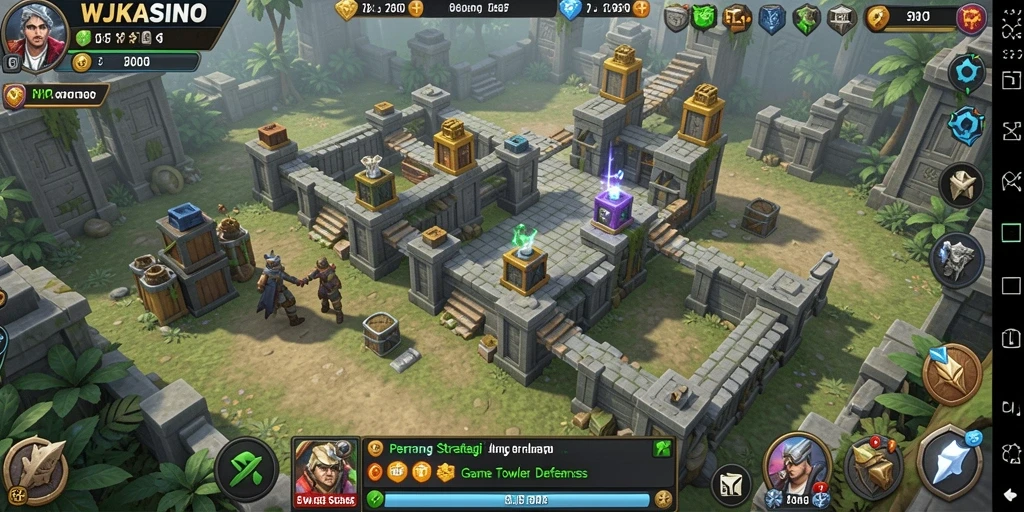 Tampilan gameplay menegangkan dalam WJKASINO di medan perang Tower Defense.
